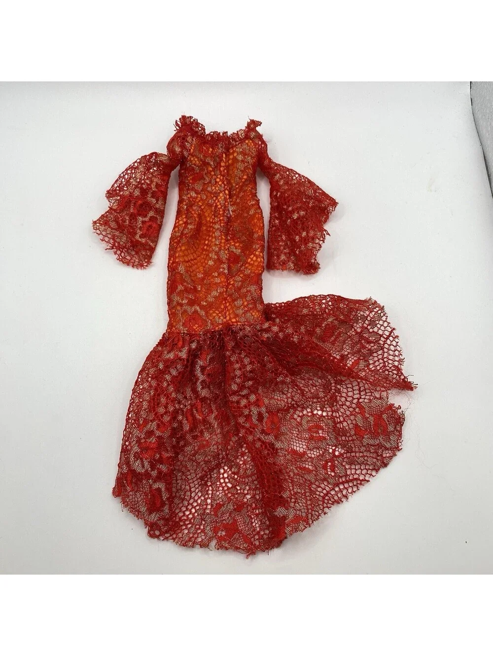 Curvy Barbie clothes- Red & Gold Lace Mermaid Bell Sleeve Gown Doll Dress B2